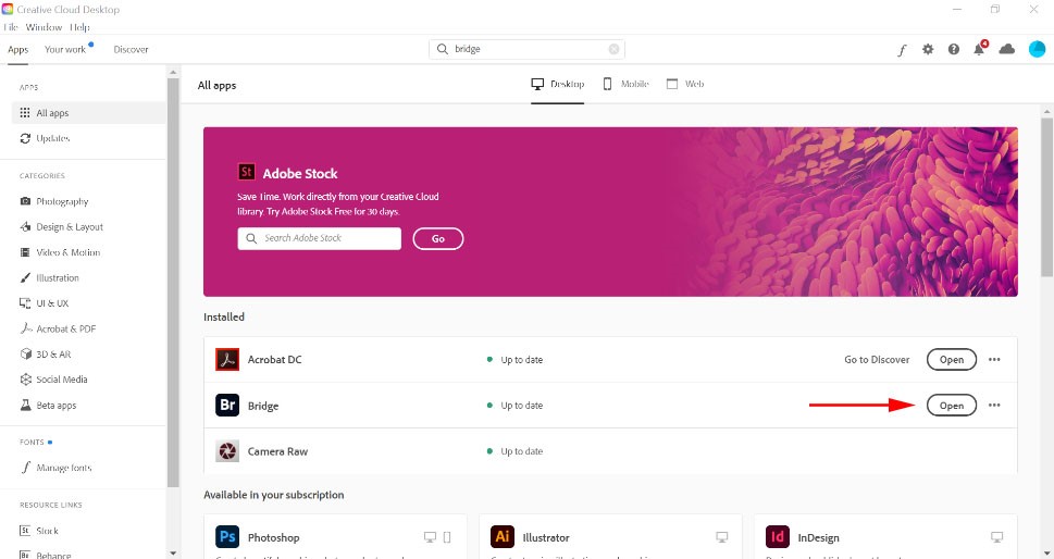 Opening Adobe Bridge from Creative Cloud Desktop